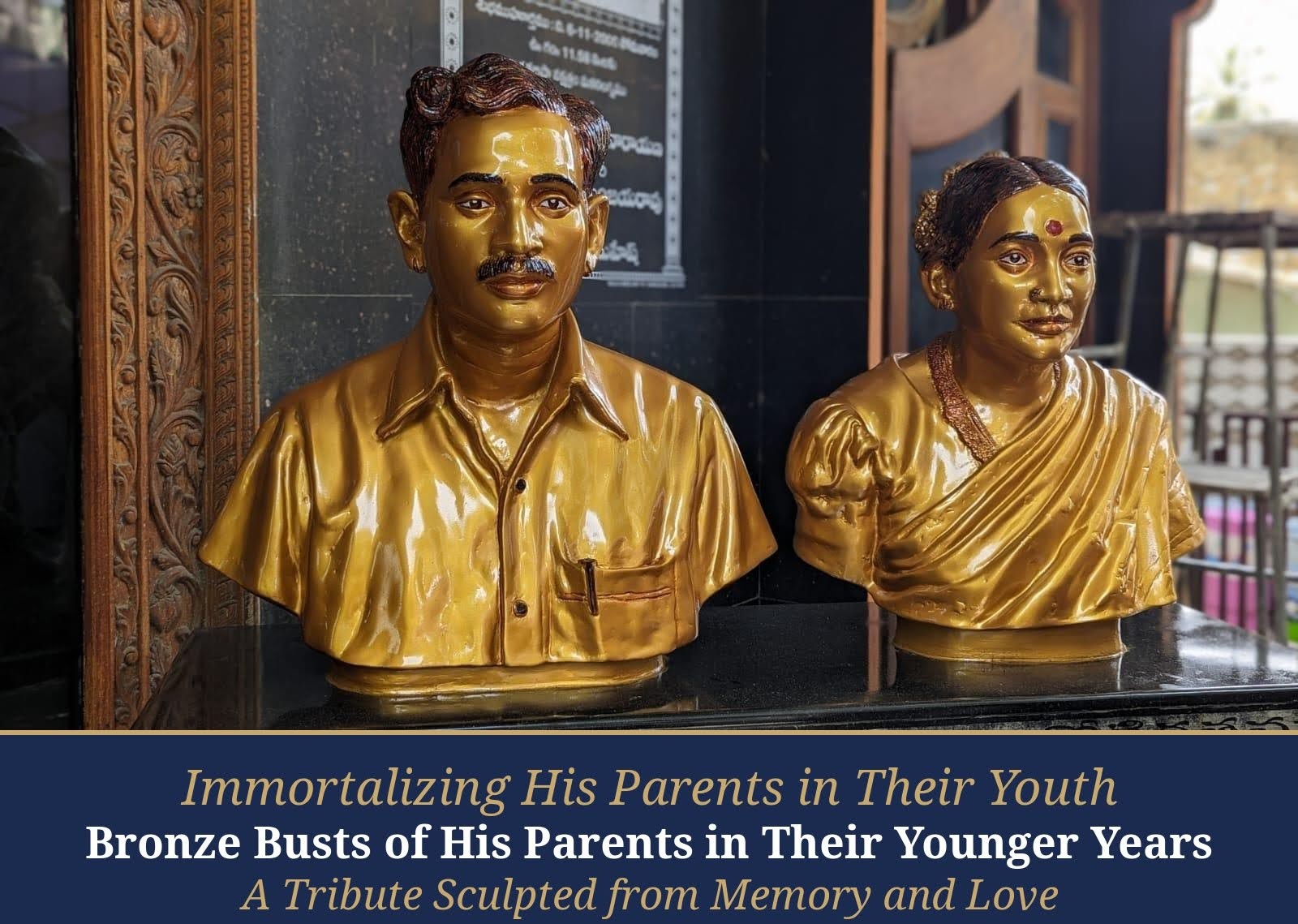 Bronze busts of the sculptor's parents, crafted with love and devotion.