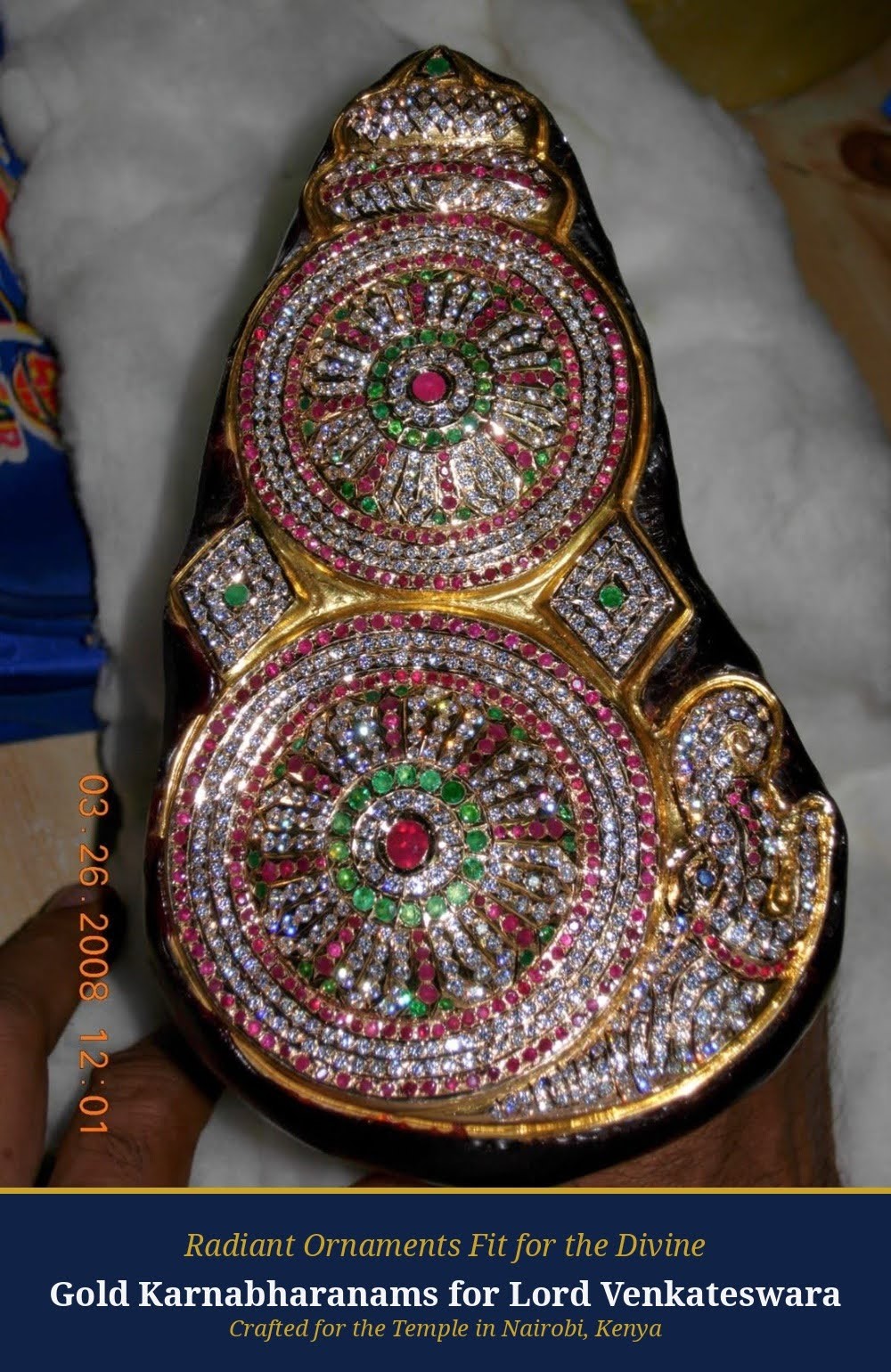 Gold karnabharanams (ear ornaments) crafted for the Sri Venkateswara Temple, Nairobi.